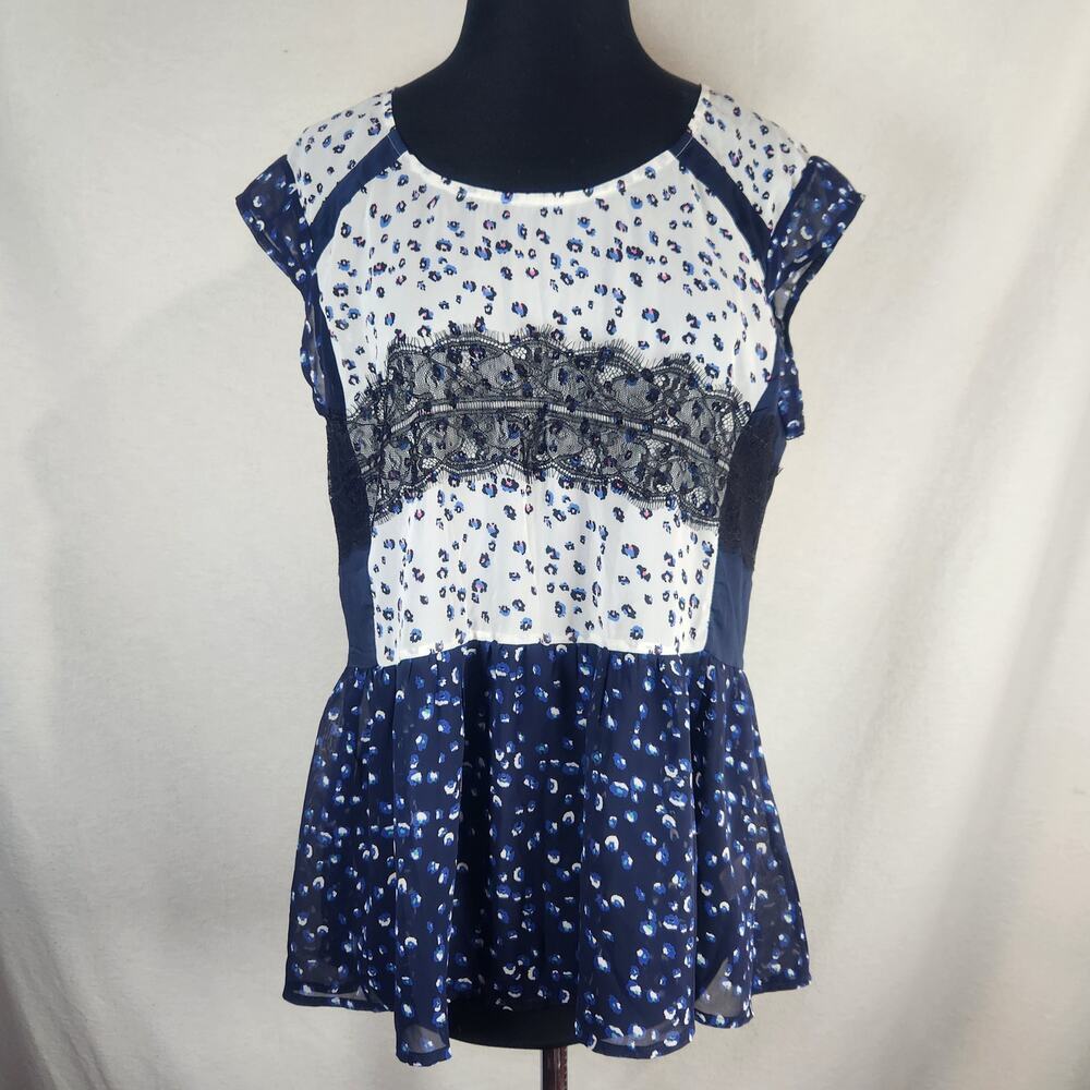 Maeve By Anthropologie XL Blue & White Top Reverse Prints‎ Lace Cap Sleeve Boho